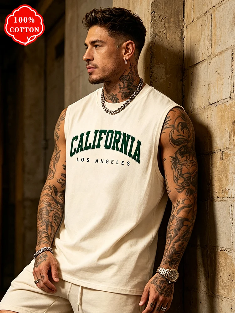 Men's New Summer 100% Cotton Short-Sleeved T-Shirt California Letter Print Loose Sleeveless Tank Top Casual Sport Vest-H13