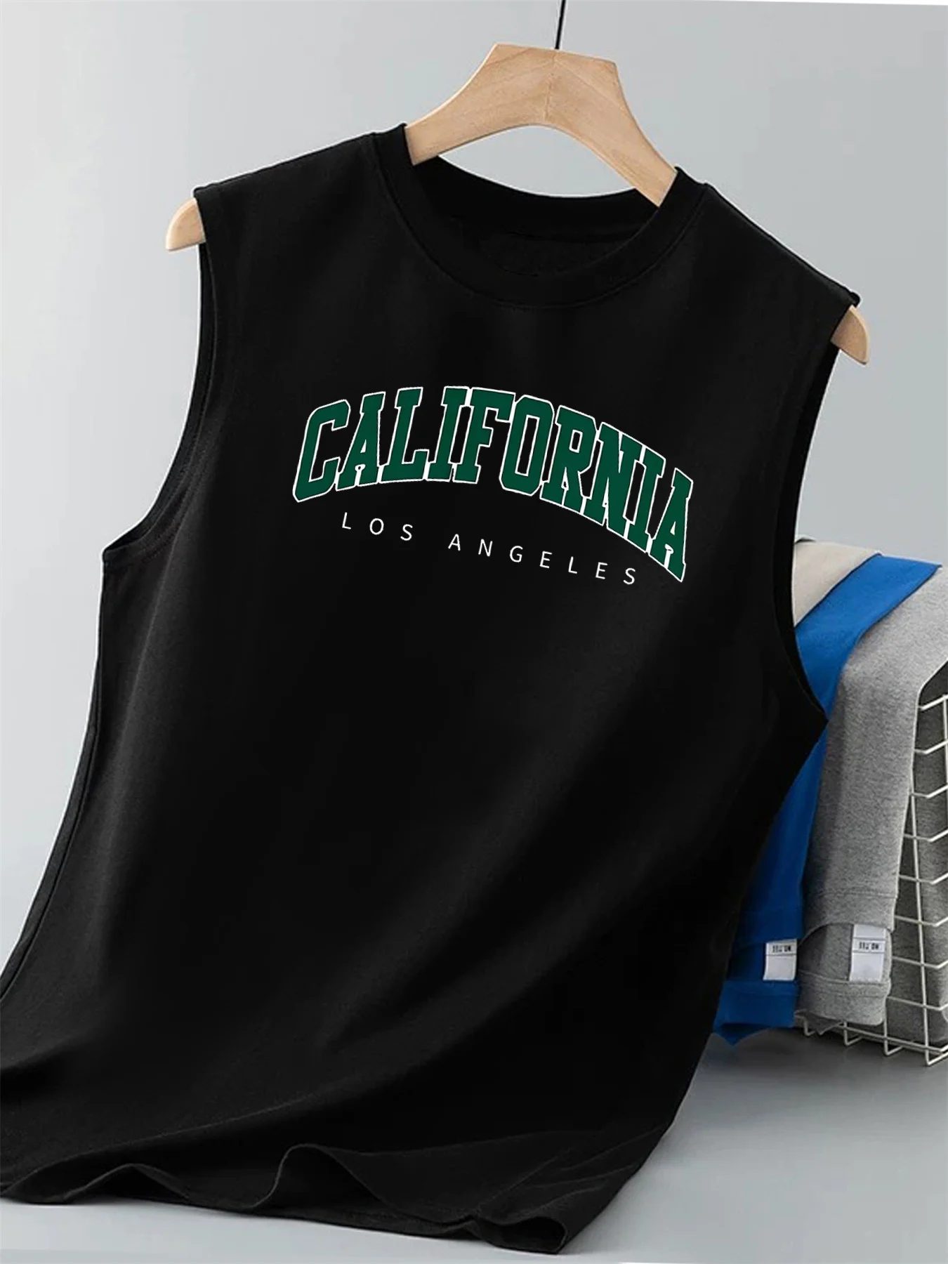 Men's New Summer 100% Cotton Short-Sleeved T-Shirt California Letter Print Loose Sleeveless Tank Top Casual Sport Vest-H13