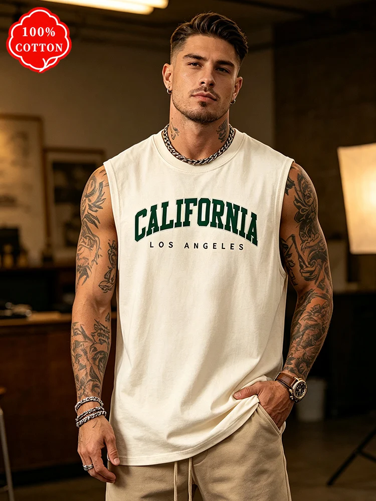 Men's New Summer 100% Cotton Short-Sleeved T-Shirt California Letter Print Loose Sleeveless Tank Top Casual Sport Vest-H13
