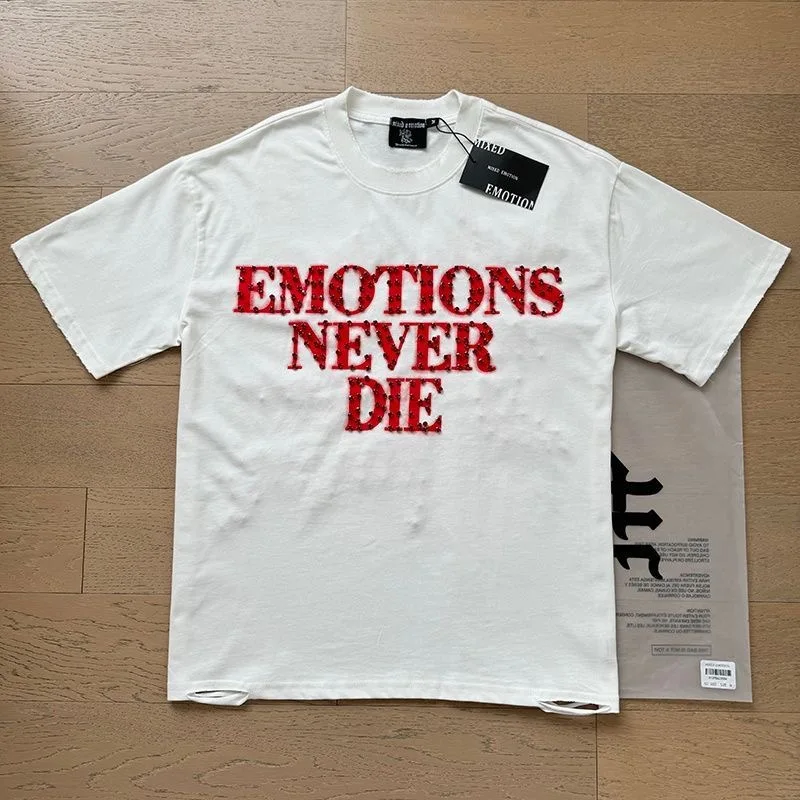 MIXED EMOTION Shirt Rhinestone Short Sleeve Men Women T-shirt Streetwear 100% Cotton Loose Round Neck Top Tees Oversized Tee Top