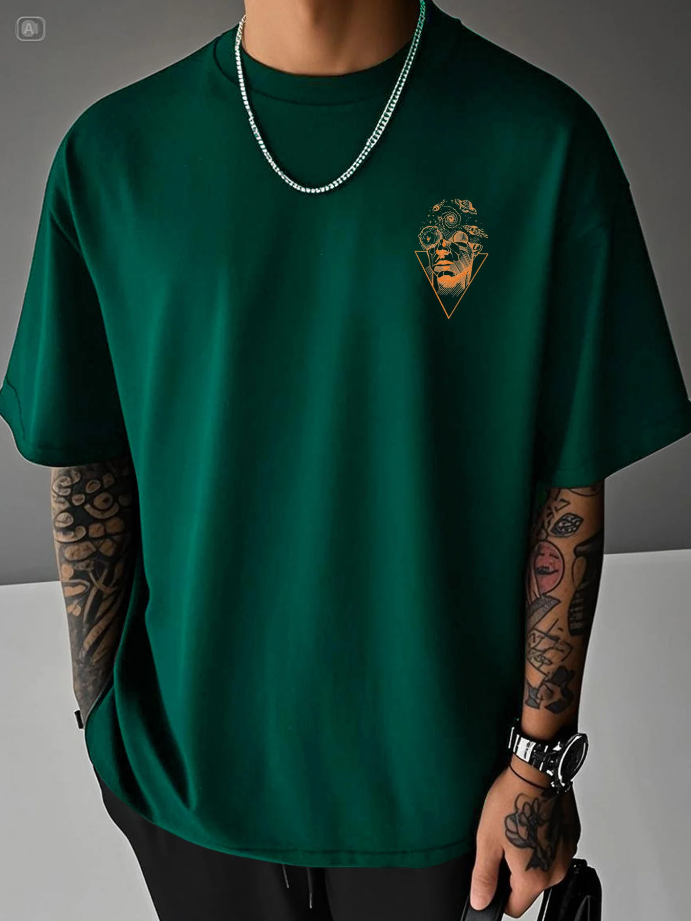 Men's Summer 100% Pure Cotton Casual Loose Creative Pattern Front and Back Printed Sports Round Neck Short Sleeved T-Shirt Top