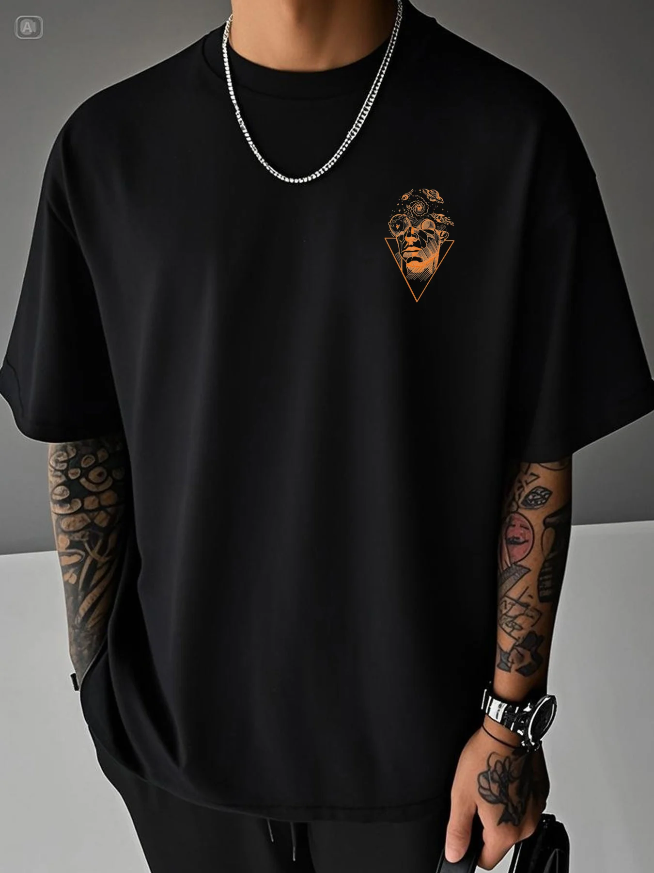 Men's Summer 100% Pure Cotton Casual Loose Creative Pattern Front and Back Printed Sports Round Neck Short Sleeved T-Shirt Top