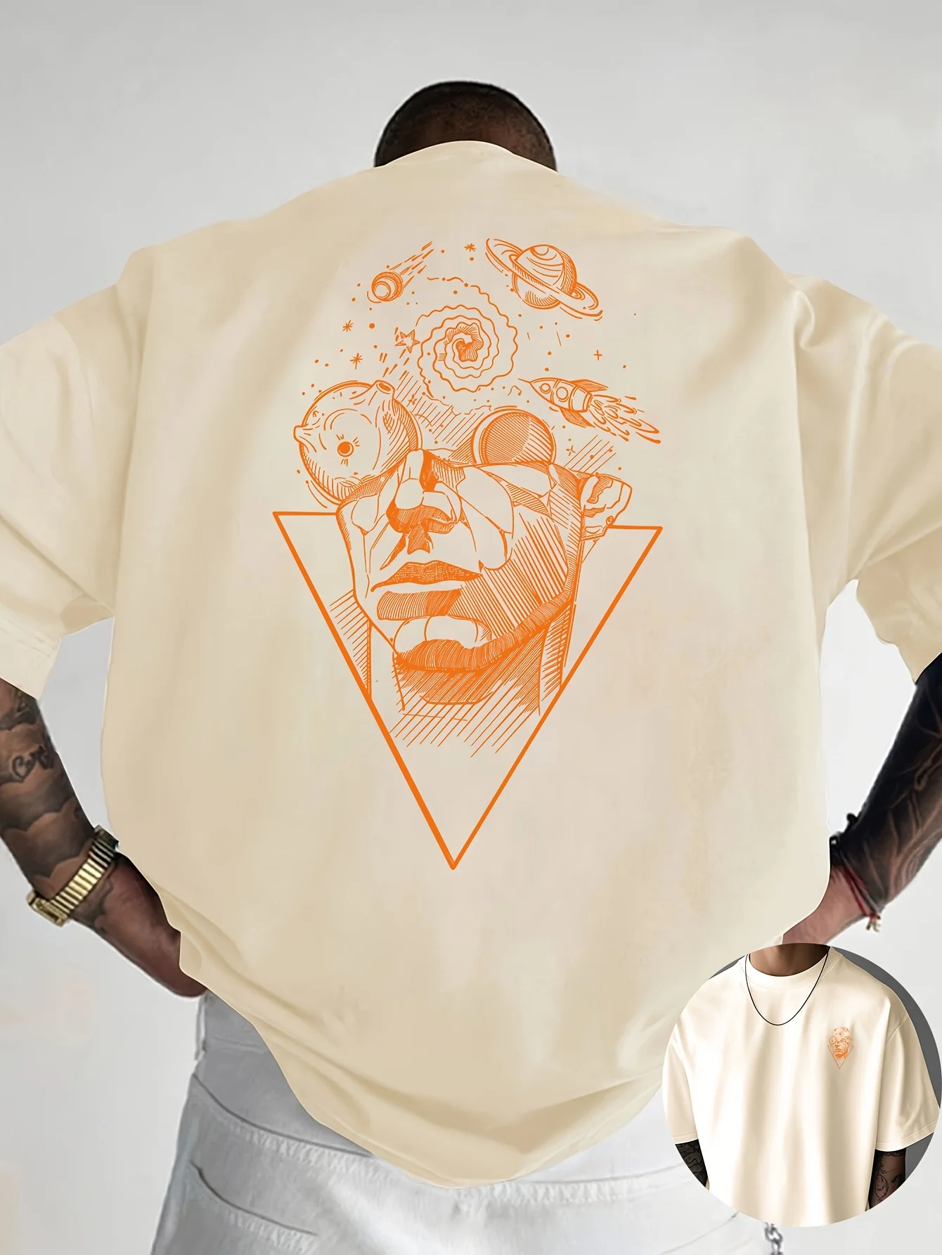 Men's Summer 100% Pure Cotton Casual Loose Creative Pattern Front and Back Printed Sports Round Neck Short Sleeved T-Shirt Top