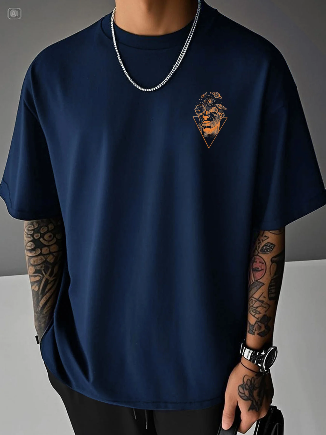 Men's Summer 100% Pure Cotton Casual Loose Creative Pattern Front and Back Printed Sports Round Neck Short Sleeved T-Shirt Top