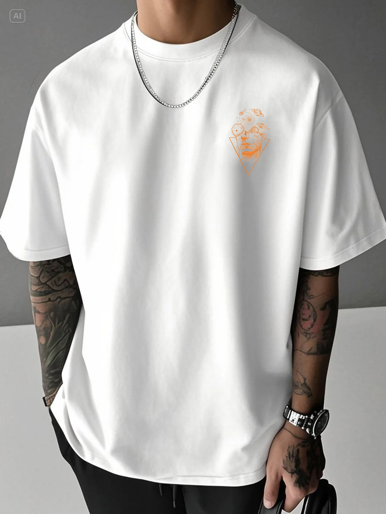 Men's Summer 100% Pure Cotton Casual Loose Creative Pattern Front and Back Printed Sports Round Neck Short Sleeved T-Shirt Top