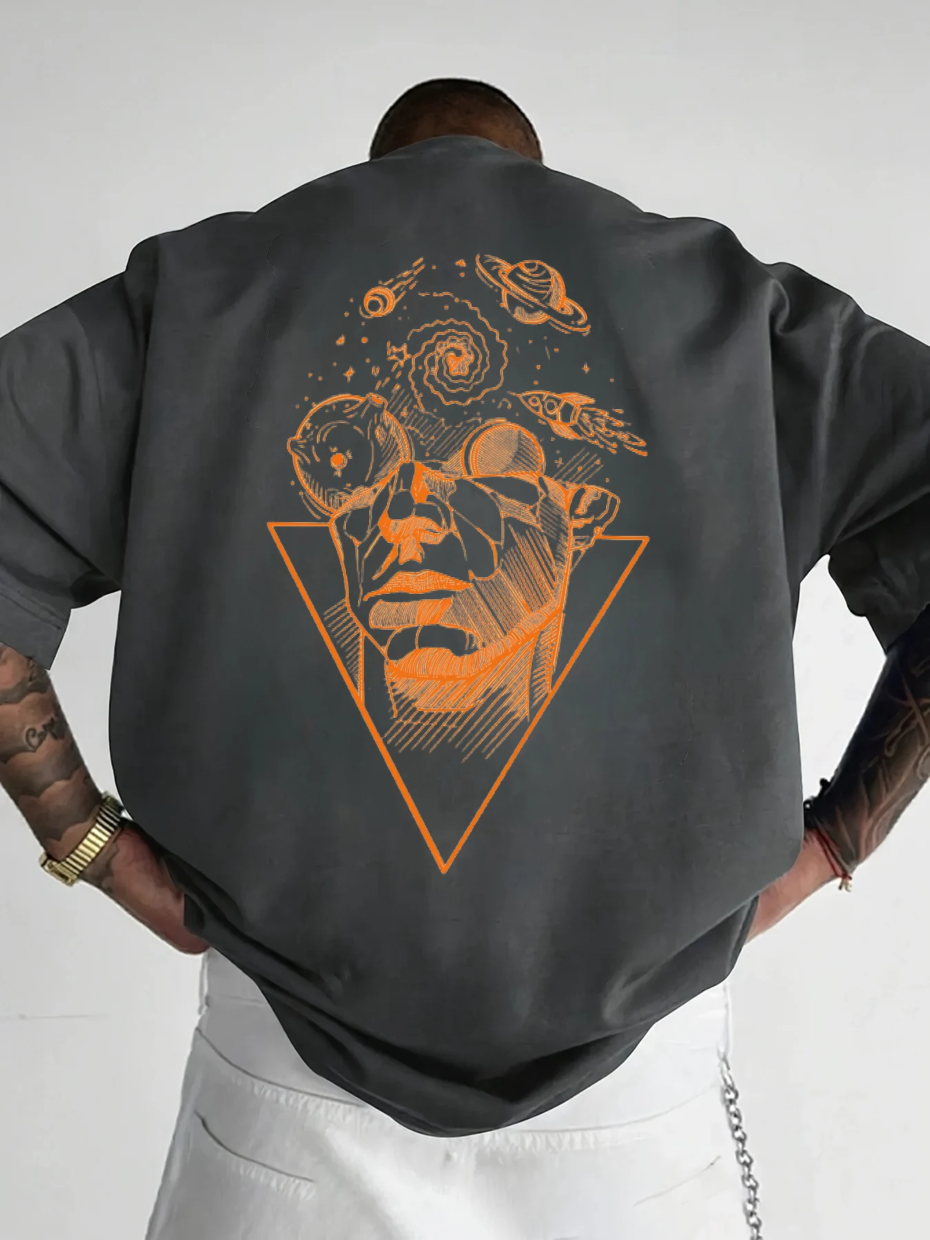 Men's Summer 100% Pure Cotton Casual Loose Creative Pattern Front and Back Printed Sports Round Neck Short Sleeved T-Shirt Top
