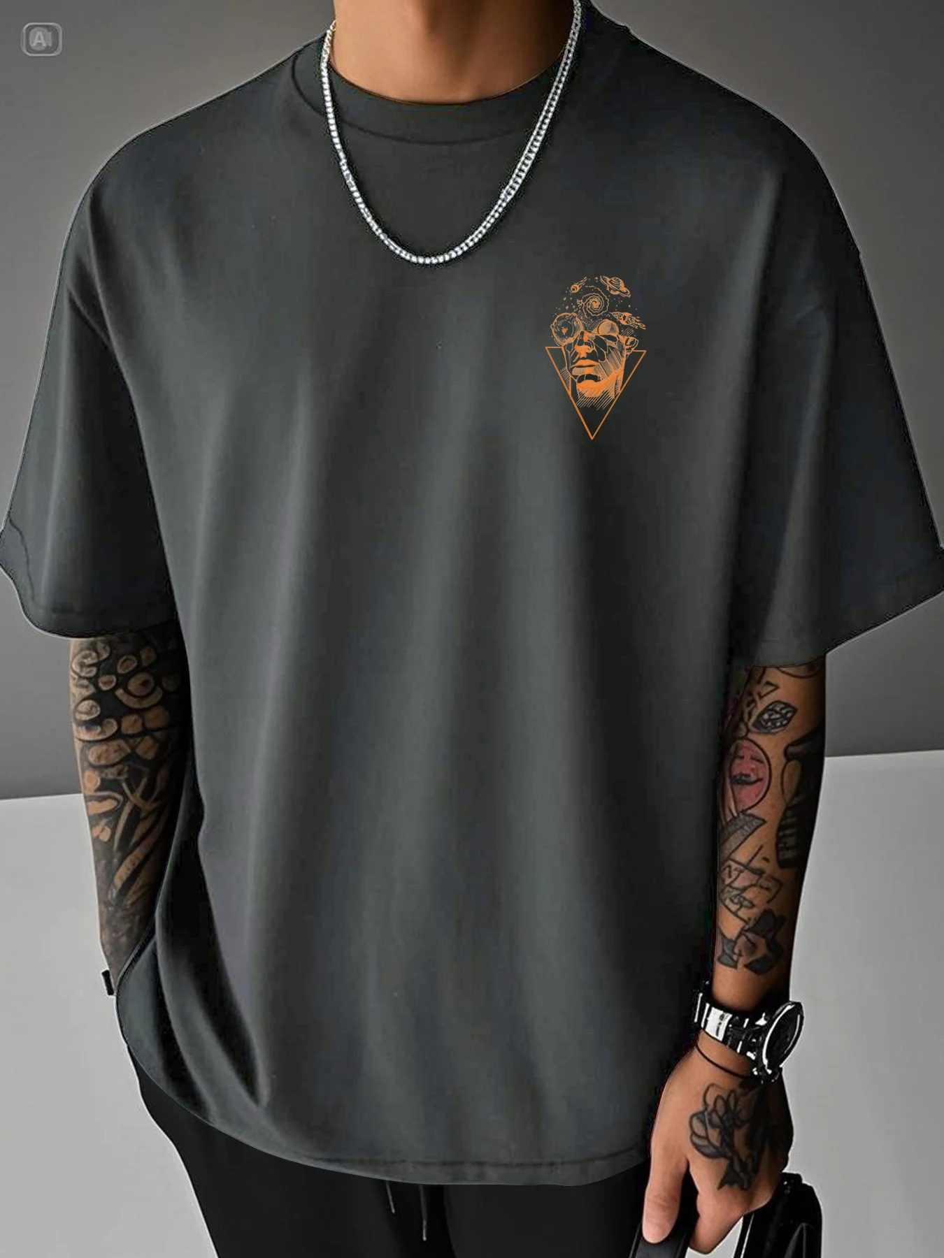Men's Summer 100% Pure Cotton Casual Loose Creative Pattern Front and Back Printed Sports Round Neck Short Sleeved T-Shirt Top