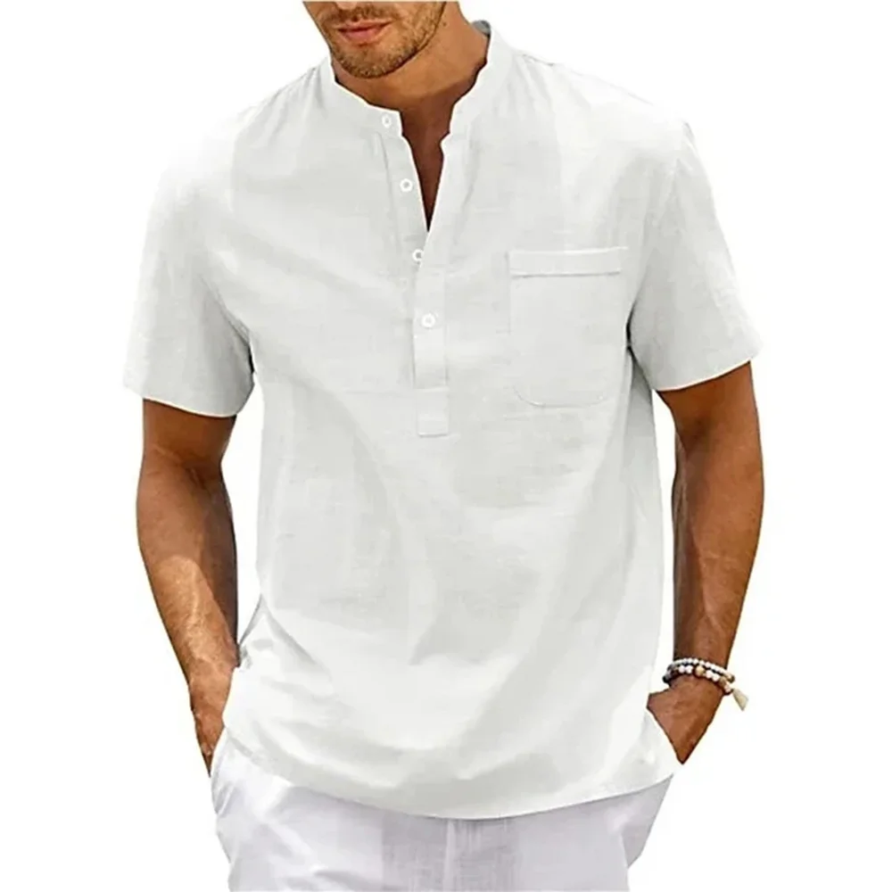 Cotton Linen Shirt Men Henley Neck Pocket Casual Beach Short Sleeve Solid Color Male Tops T-shirts Vintage Streetwear