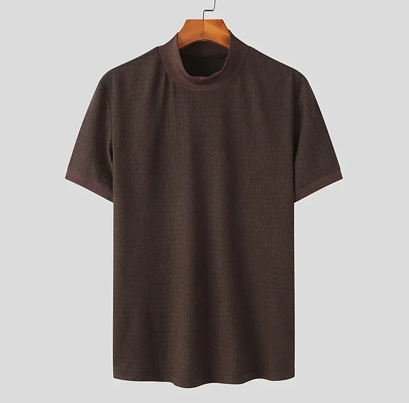 Summer New Casual Simple Knitted Base Shirt European and American Men's High Neck Water Ripple Solid Color T-Shirt