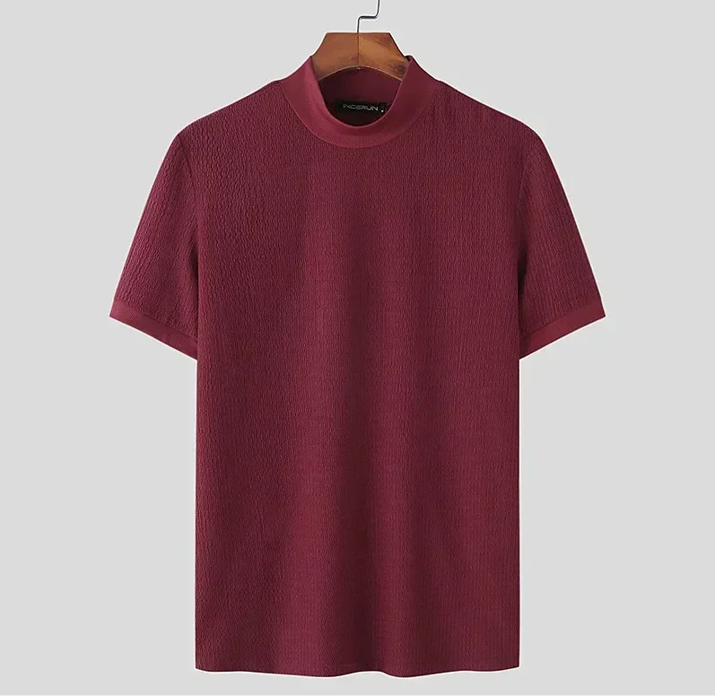 Summer New Casual Simple Knitted Base Shirt European and American Men's High Neck Water Ripple Solid Color T-Shirt