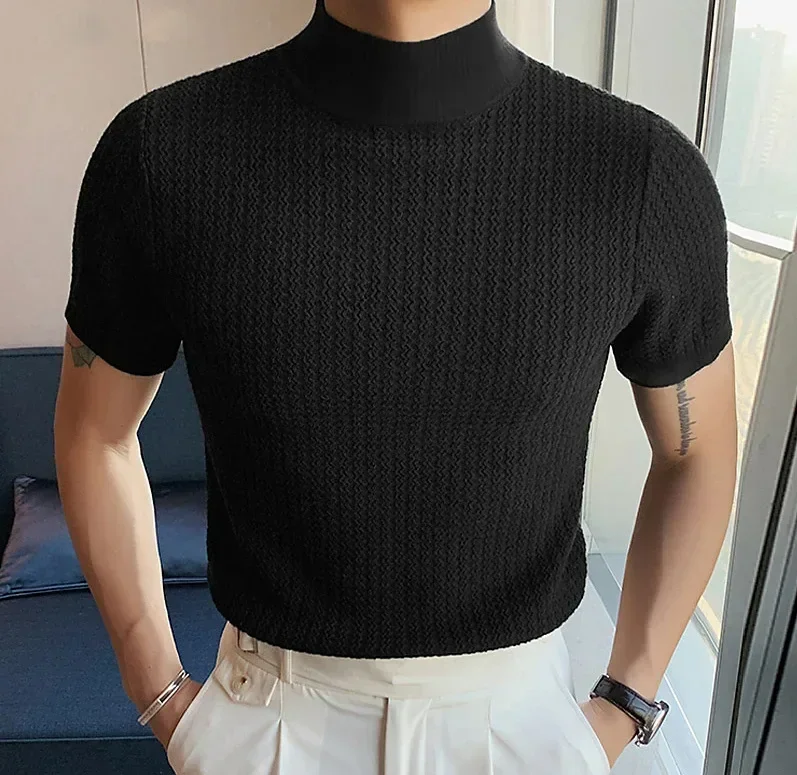 Summer New Casual Simple Knitted Base Shirt European and American Men's High Neck Water Ripple Solid Color T-Shirt