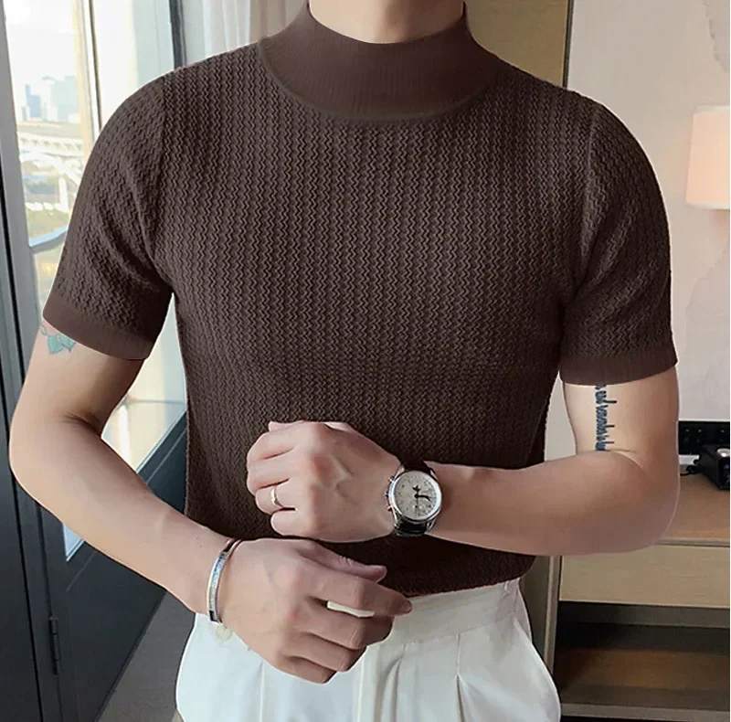 Summer New Casual Simple Knitted Base Shirt European and American Men's High Neck Water Ripple Solid Color T-Shirt