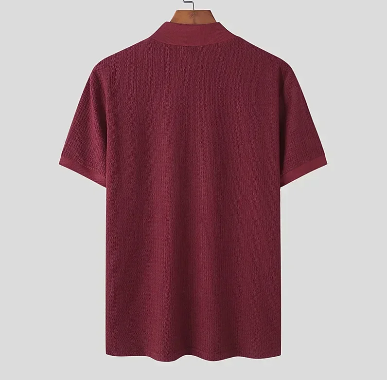 Summer New Casual Simple Knitted Base Shirt European and American Men's High Neck Water Ripple Solid Color T-Shirt