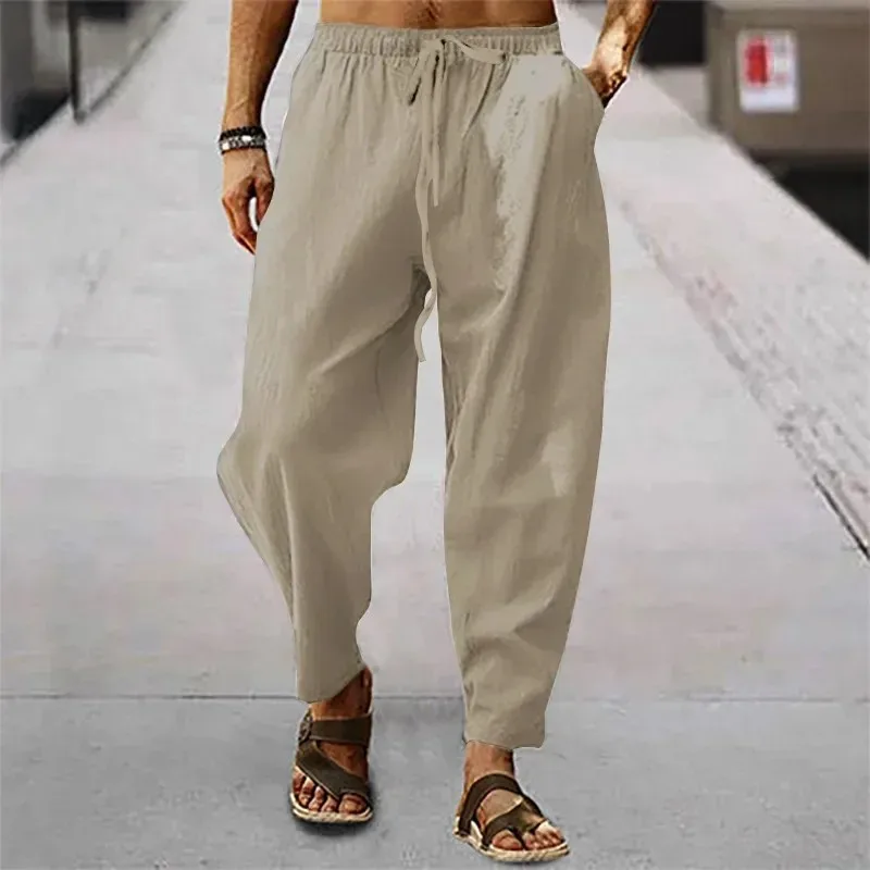 New Men Cotton Linen Pants Summer and Autumn Solid High Waist Wide-Leg Trousers Male Loose Hemp Casual Breathable Sports Pants