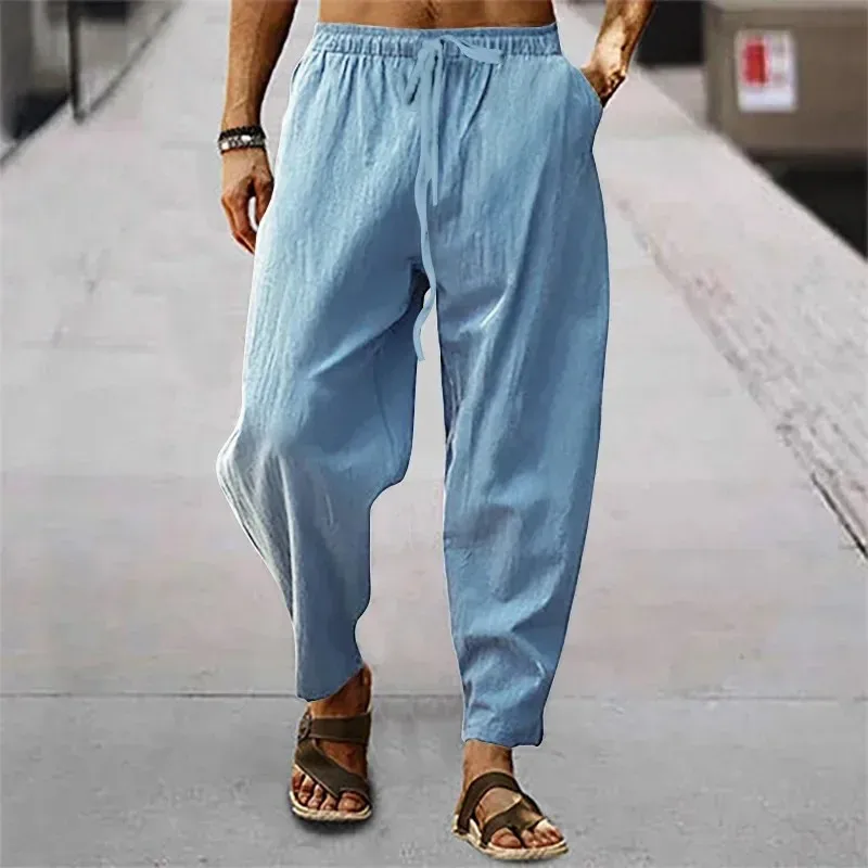 New Men Cotton Linen Pants Summer and Autumn Solid High Waist Wide-Leg Trousers Male Loose Hemp Casual Breathable Sports Pants