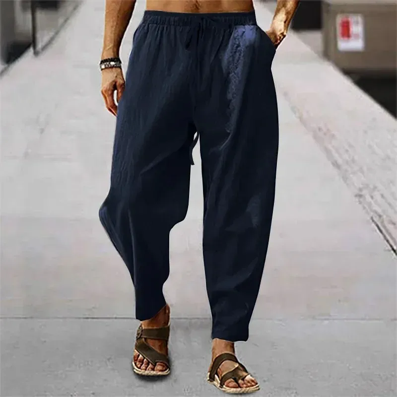 New Men Cotton Linen Pants Summer and Autumn Solid High Waist Wide-Leg Trousers Male Loose Hemp Casual Breathable Sports Pants