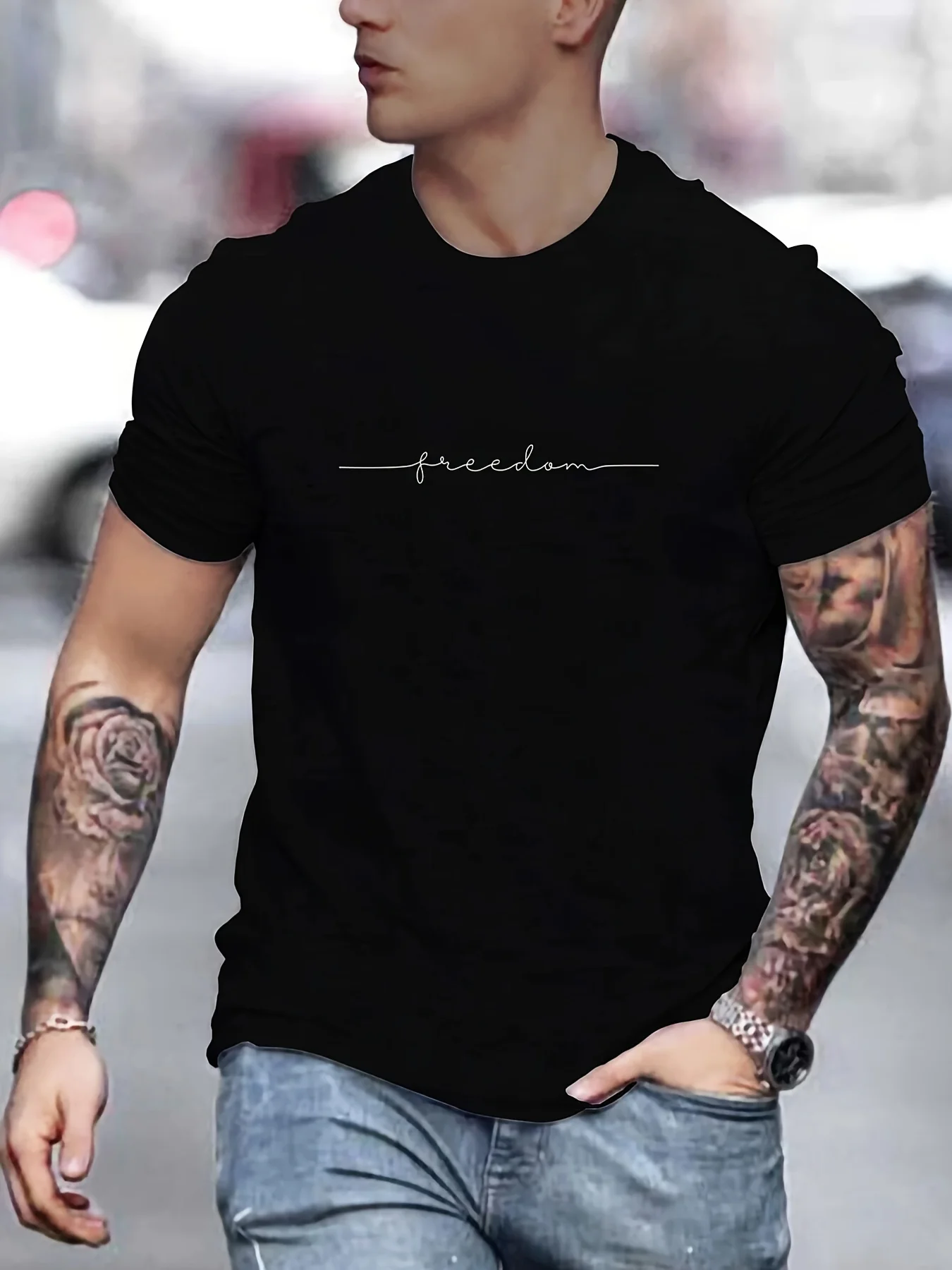 Men's Summer Loose Size 100% Cotton Freedom Graphi Print Casual Slim Fit Round Neck Short Sleeve T-shirt Top