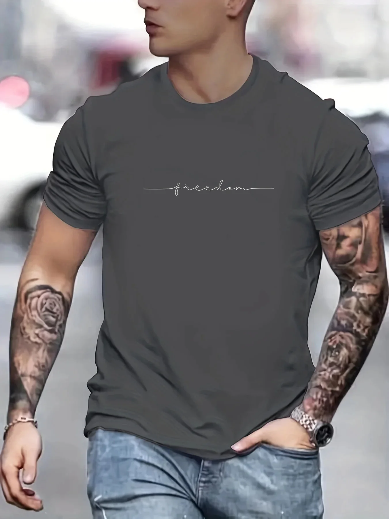 Men's Summer Loose Size 100% Cotton Freedom Graphi Print Casual Slim Fit Round Neck Short Sleeve T-shirt Top
