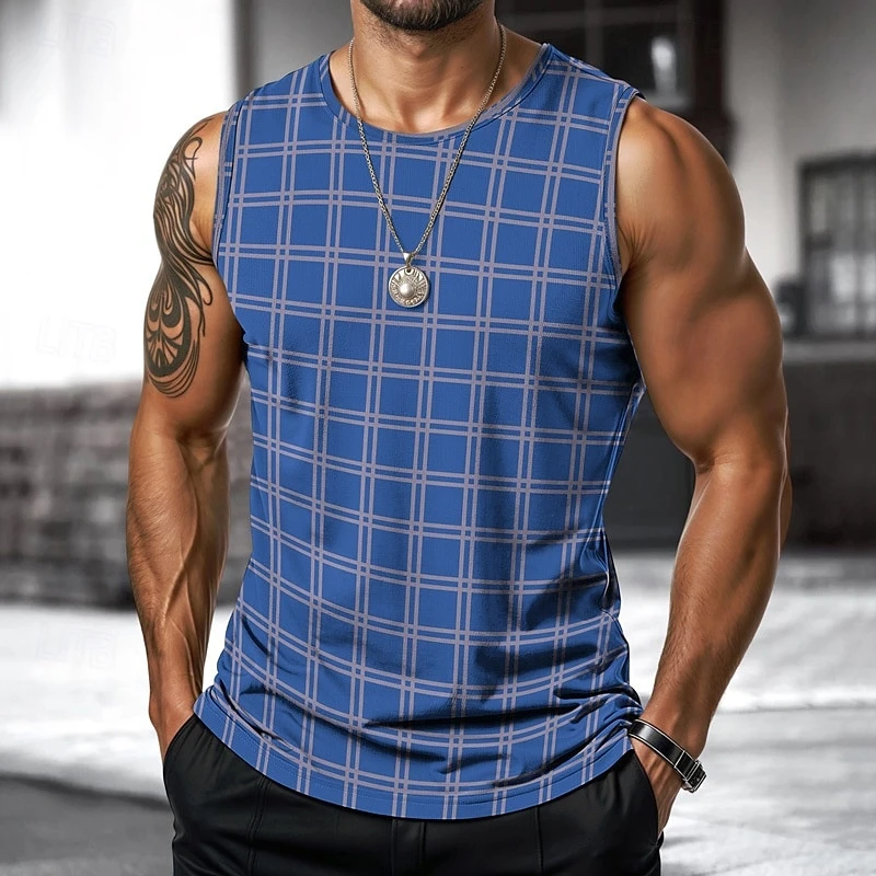 Retro Men's Vest Top 3D Print Plaid Striped Graphic Sleeveless Shirt Crew Neck Loose Streetwear Summer Fashion Casual Tank Tops