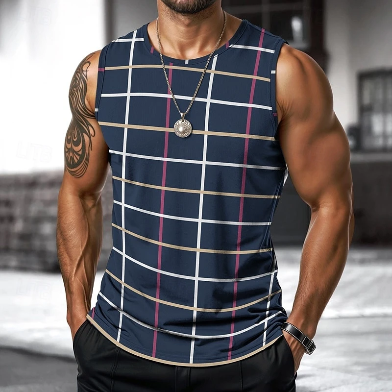 Retro Men's Vest Top 3D Print Plaid Striped Graphic Sleeveless Shirt Crew Neck Loose Streetwear Summer Fashion Casual Tank Tops
