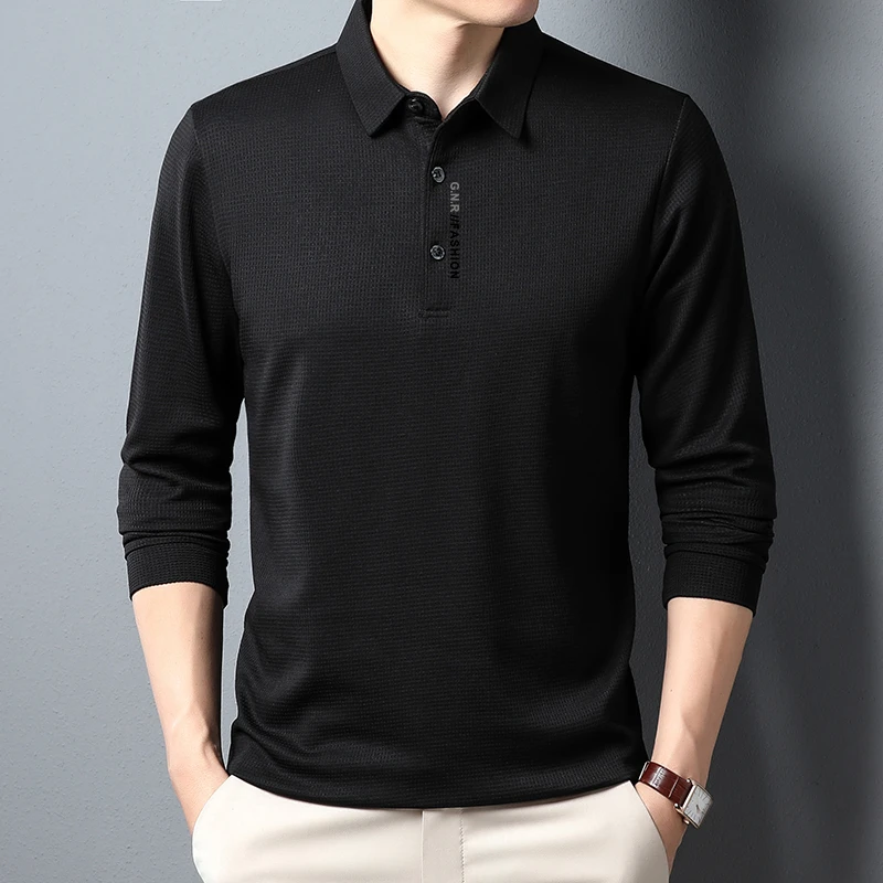 Men's Waffle Long Sleeved POLO Shirt with Letter Printed Lapel Casual Top