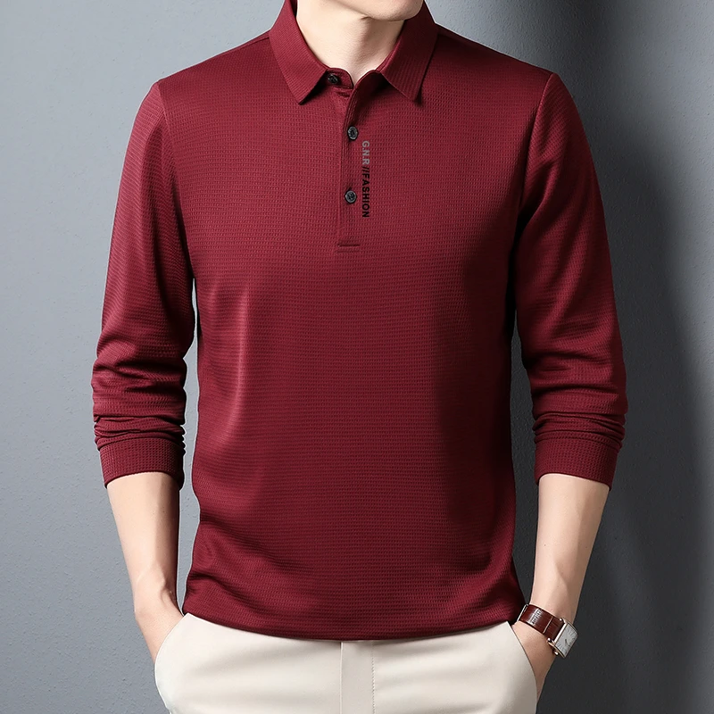Men's Waffle Long Sleeved POLO Shirt with Letter Printed Lapel Casual Top