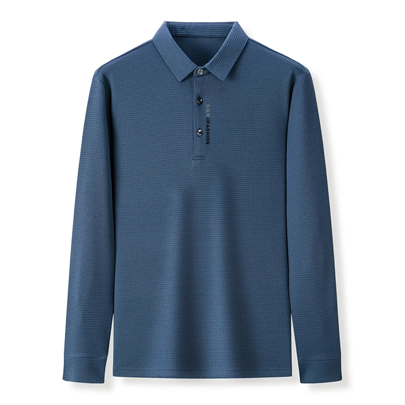 Men's Waffle Long Sleeved POLO Shirt with Letter Printed Lapel Casual Top