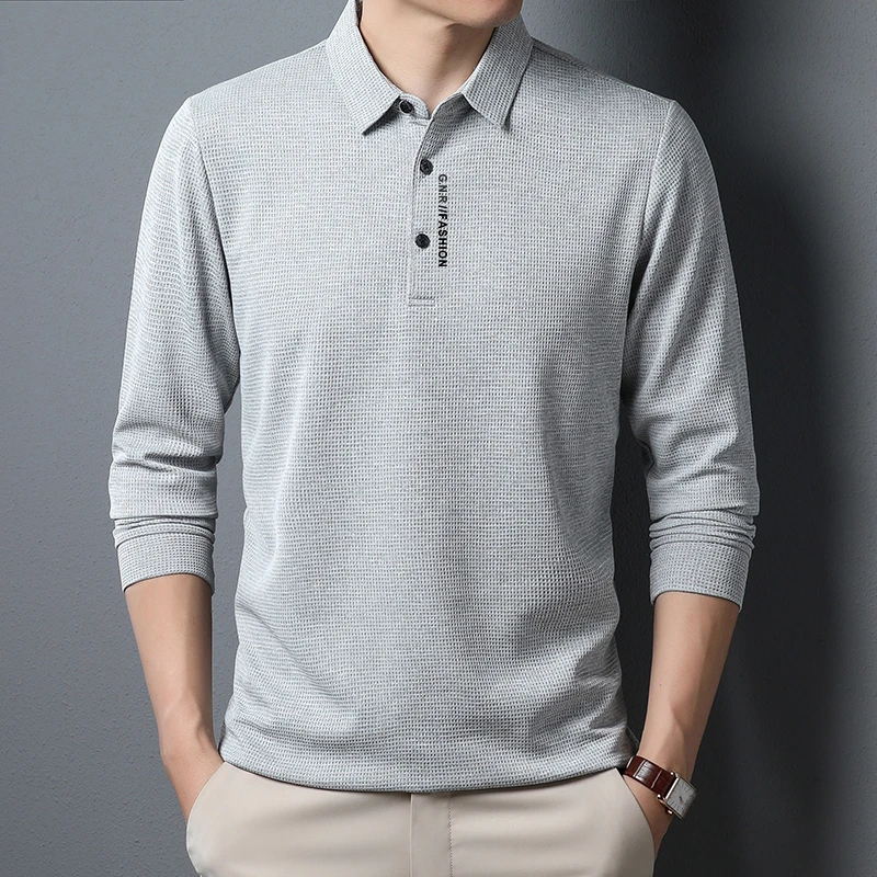 Men's Waffle Long Sleeved POLO Shirt with Letter Printed Lapel Casual Top