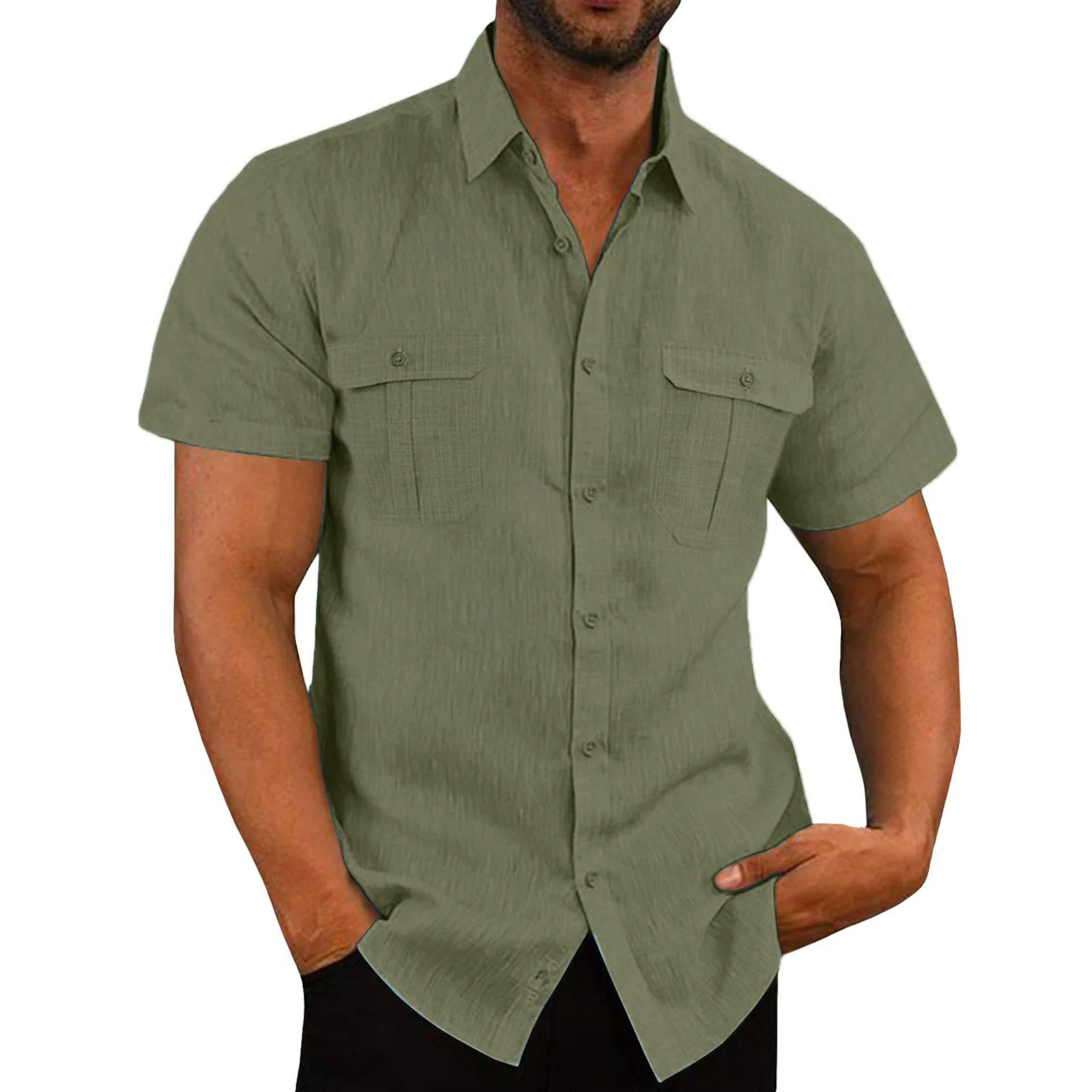 Men's Textured Short Sleeve Button Down Shirt with Chest Pockets Casual Lightweight Summer Top for Beach Office & Daily Wear