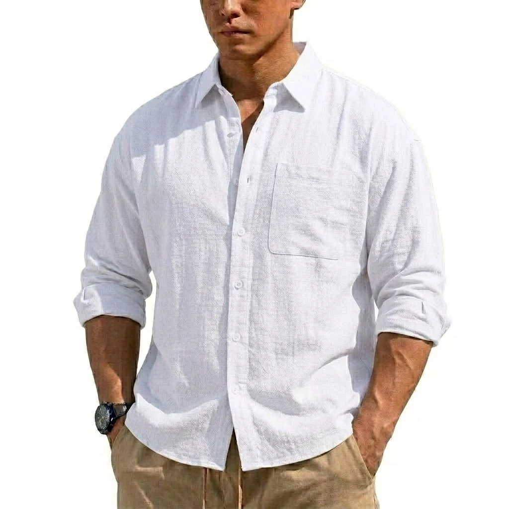 Korean Men's Long Sleeve Linen Shirt Luxury Cotton T Shirt Elegant Men's Shirts Summer Breathable Hawaiian Shirts Button T-shirt