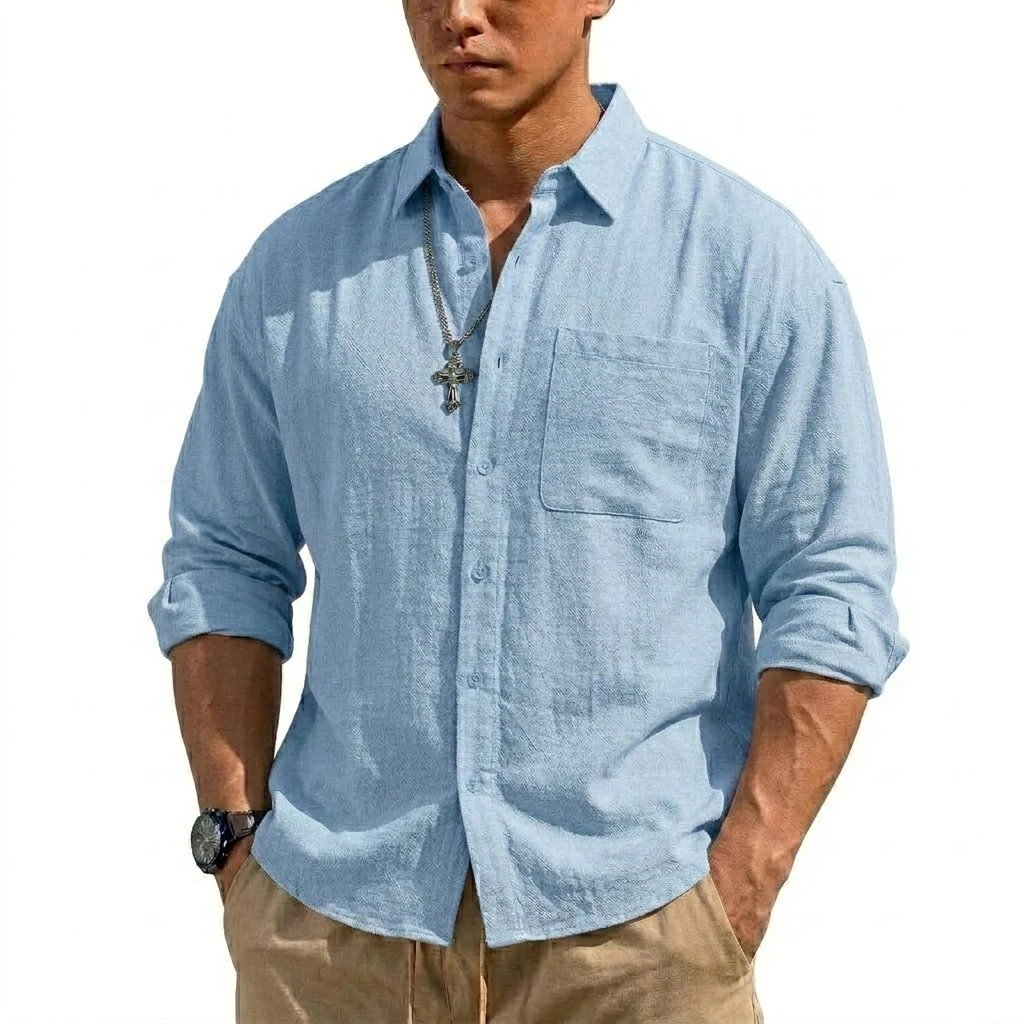 Korean Men's Long Sleeve Linen Shirt Luxury Cotton T Shirt Elegant Men's Shirts Summer Breathable Hawaiian Shirts Button T-shirt