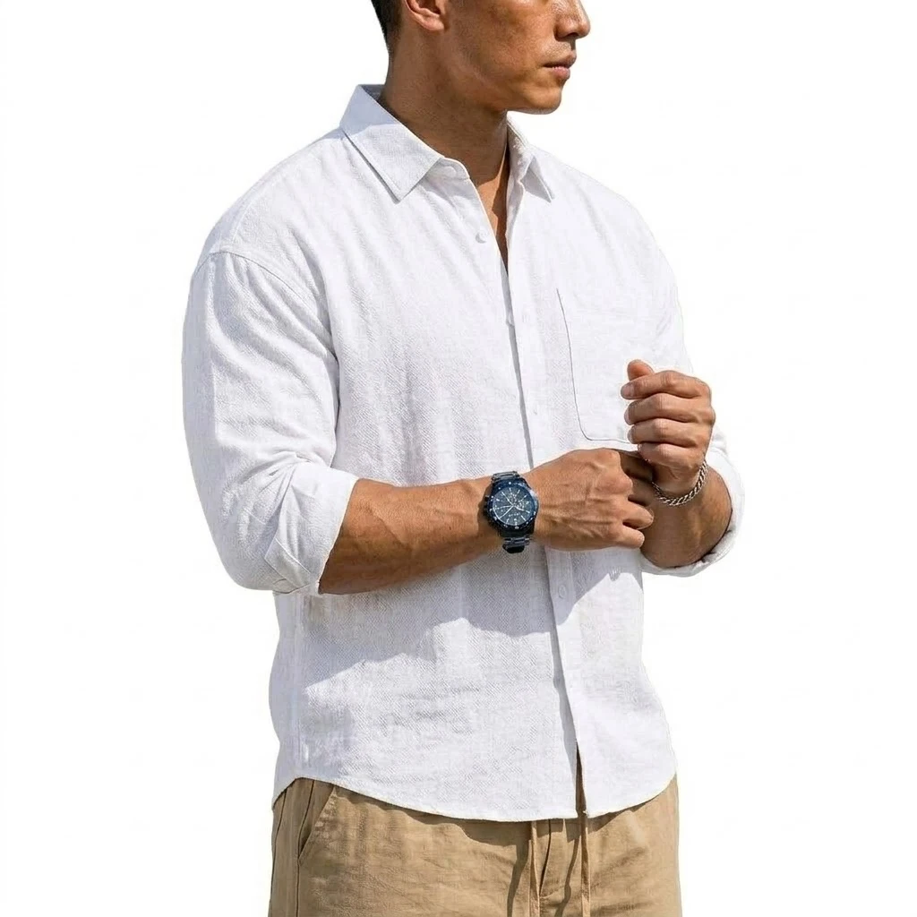 Korean Men's Long Sleeve Linen Shirt Luxury Cotton T Shirt Elegant Men's Shirts Summer Breathable Hawaiian Shirts Button T-shirt
