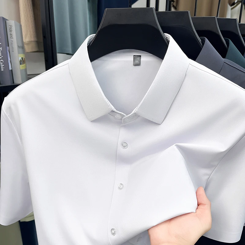 Men's Ice Silk Royal Blue Short Sleeve Dress Shirt Wrinkle-resistant Easy Care Travel Top