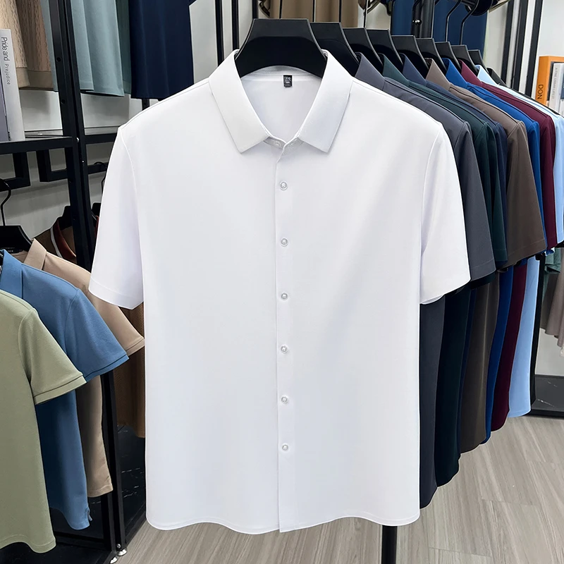 Men's Ice Silk Royal Blue Short Sleeve Dress Shirt Wrinkle-resistant Easy Care Travel Top