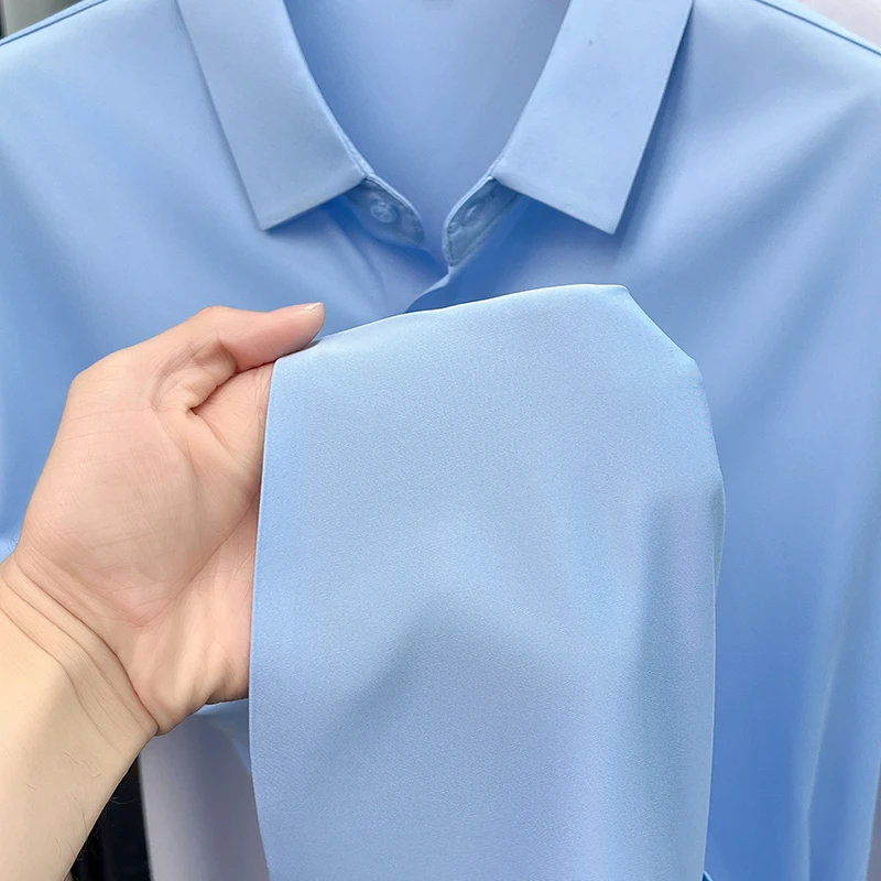 Men's Ice Silk Royal Blue Short Sleeve Dress Shirt Wrinkle-resistant Easy Care Travel Top