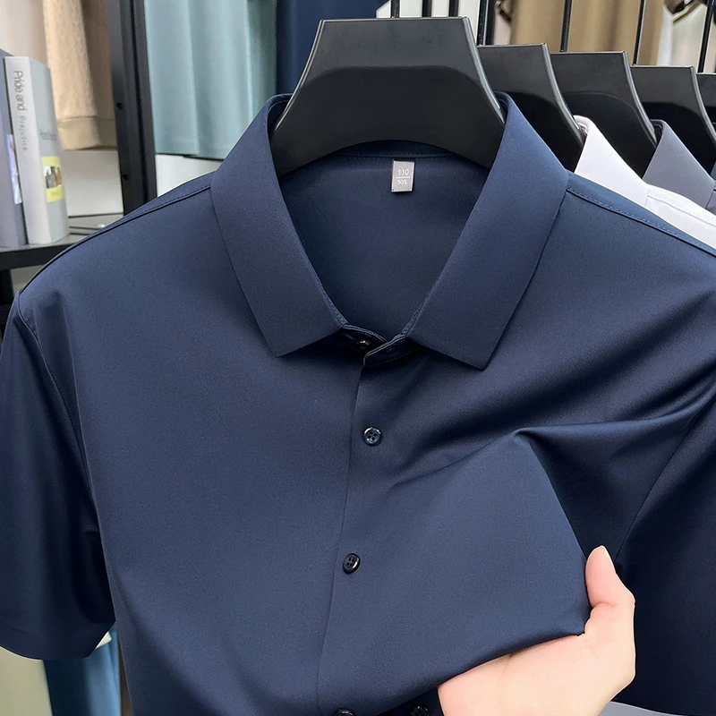Men's Ice Silk Royal Blue Short Sleeve Dress Shirt Wrinkle-resistant Easy Care Travel Top