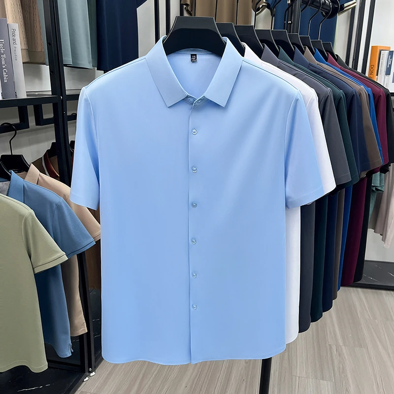 Men's Ice Silk Royal Blue Short Sleeve Dress Shirt Wrinkle-resistant Easy Care Travel Top