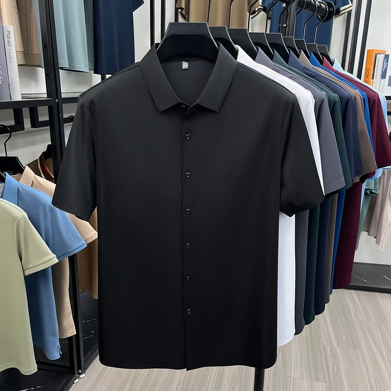 Men's Ice Silk Royal Blue Short Sleeve Dress Shirt Wrinkle-resistant Easy Care Travel Top