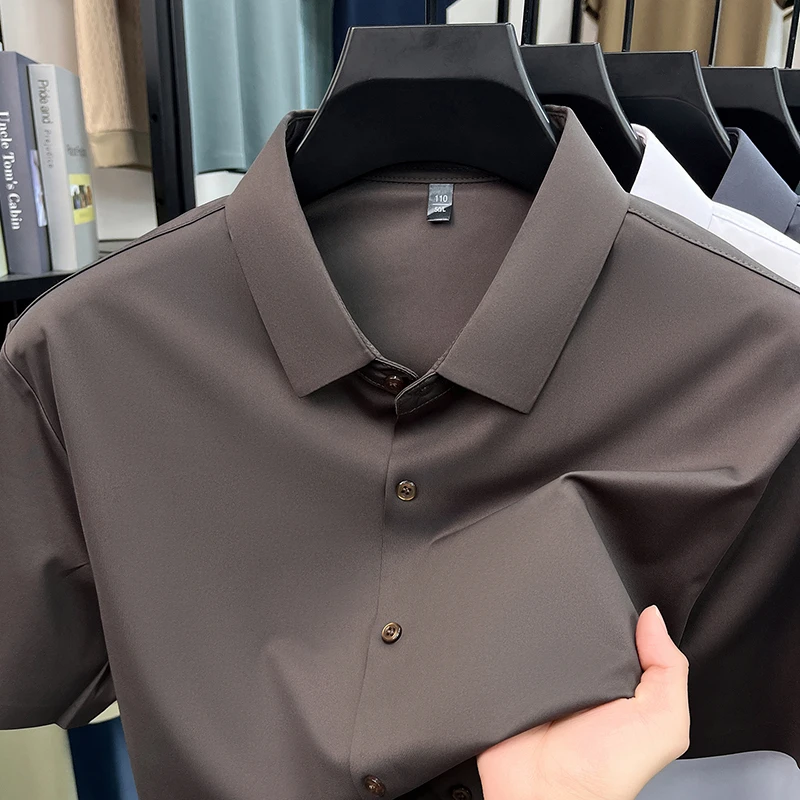 Men's Ice Silk Royal Blue Short Sleeve Dress Shirt Wrinkle-resistant Easy Care Travel Top