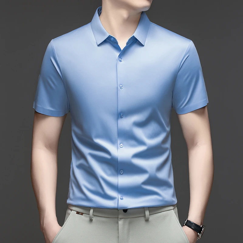 Men's Ice Silk Royal Blue Short Sleeve Dress Shirt Wrinkle-resistant Easy Care Travel Top