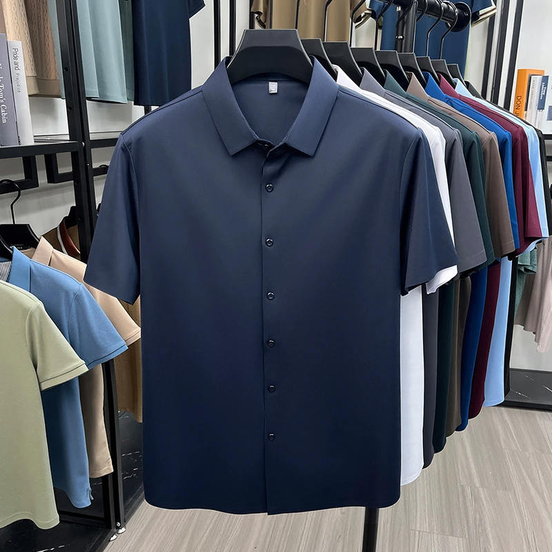 Men's Ice Silk Royal Blue Short Sleeve Dress Shirt Wrinkle-resistant Easy Care Travel Top