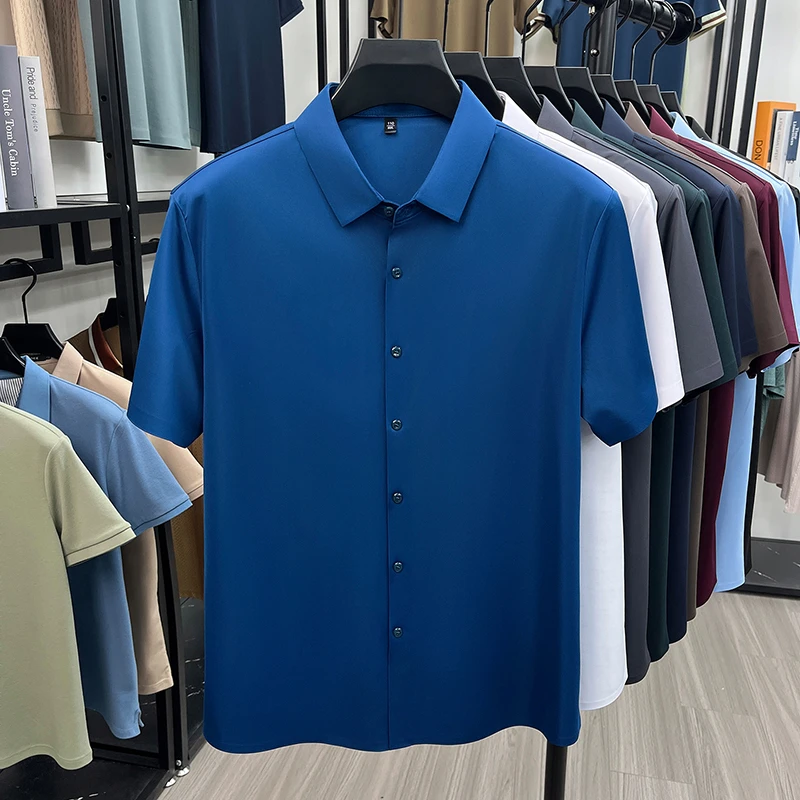 Men's Ice Silk Royal Blue Short Sleeve Dress Shirt Wrinkle-resistant Easy Care Travel Top