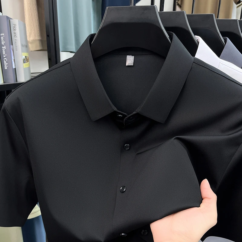 Men's Ice Silk Royal Blue Short Sleeve Dress Shirt Wrinkle-resistant Easy Care Travel Top