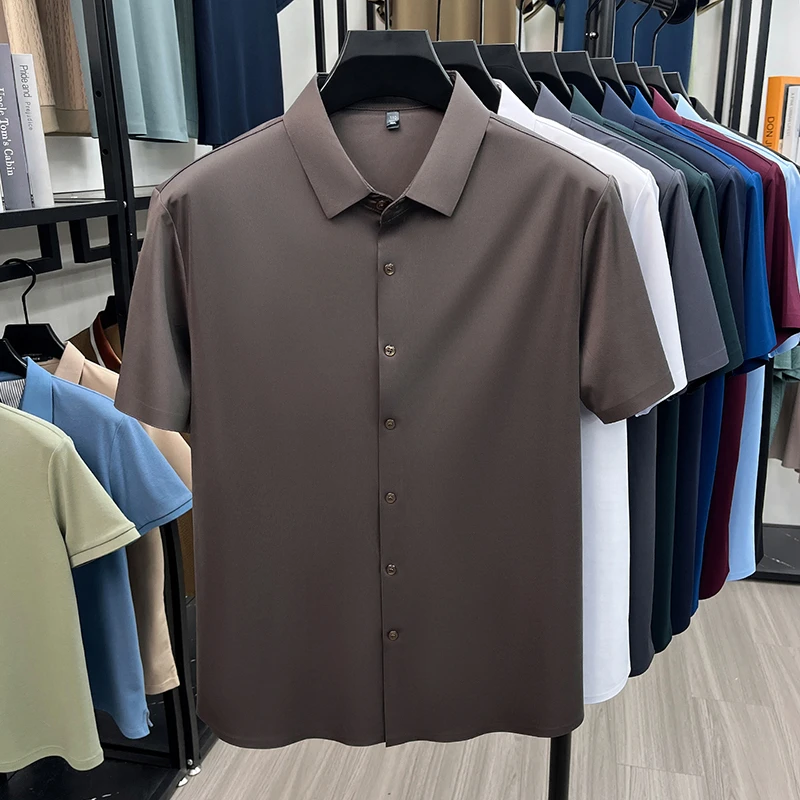 Men's Ice Silk Royal Blue Short Sleeve Dress Shirt Wrinkle-resistant Easy Care Travel Top