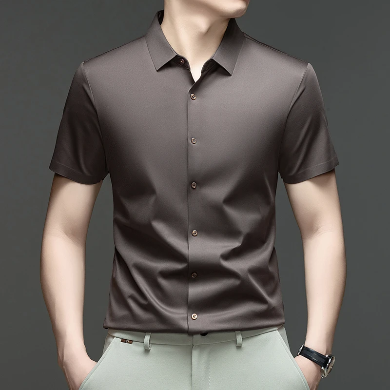 Men's Ice Silk Royal Blue Short Sleeve Dress Shirt Wrinkle-resistant Easy Care Travel Top