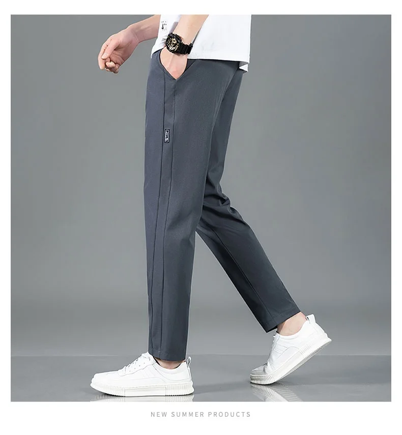 Ice Silk Men's Pants 2025 Summer New Black Gray Thin Business Casual Pants Outdoor Elastic Breathable Straight Leg Sweatpants