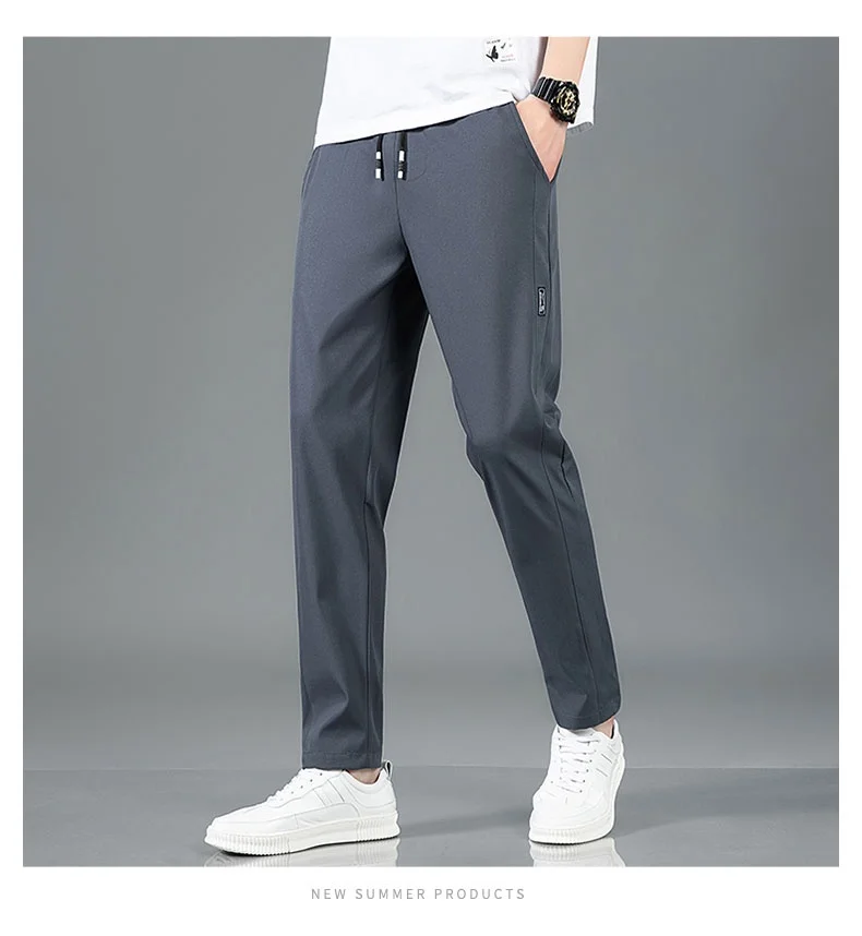 Ice Silk Men's Pants 2025 Summer New Black Gray Thin Business Casual Pants Outdoor Elastic Breathable Straight Leg Sweatpants