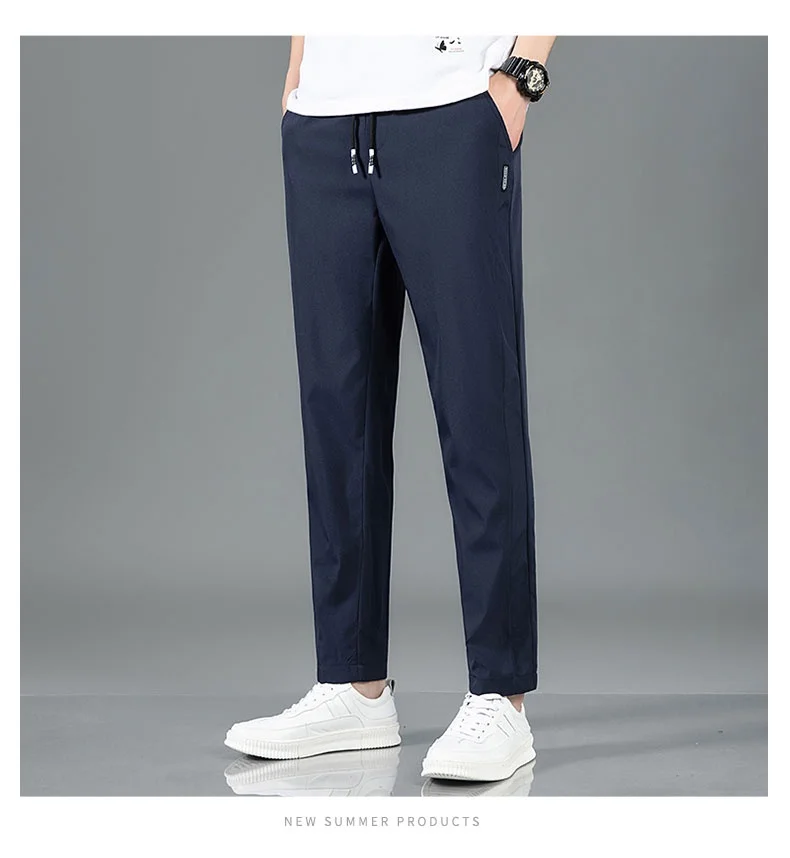 Ice Silk Men's Pants 2025 Summer New Black Gray Thin Business Casual Pants Outdoor Elastic Breathable Straight Leg Sweatpants