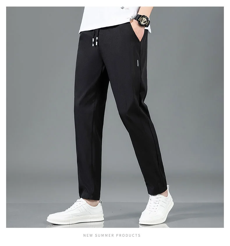 Ice Silk Men's Pants 2025 Summer New Black Gray Thin Business Casual Pants Outdoor Elastic Breathable Straight Leg Sweatpants