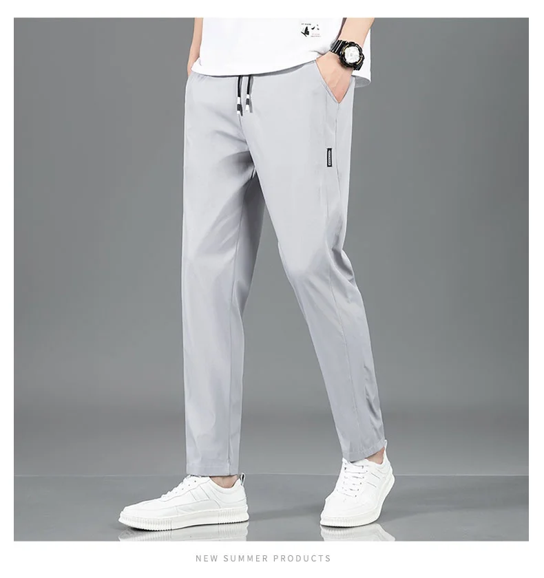 Ice Silk Men's Pants 2025 Summer New Black Gray Thin Business Casual Pants Outdoor Elastic Breathable Straight Leg Sweatpants